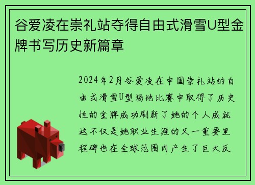 谷爱凌在崇礼站夺得自由式滑雪U型金牌书写历史新篇章 谷爱凌在崇礼站夺得自由式滑雪U型金牌书写历史新篇章