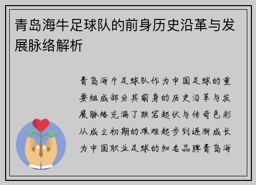 青岛海牛足球队的前身历史沿革与发展脉络解析 青岛海牛足球队的前身历史沿革与发展脉络解析