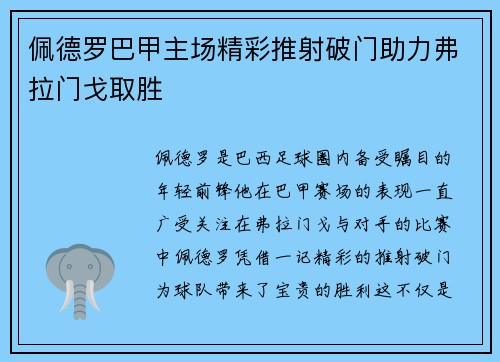 佩德罗巴甲主场精彩推射破门助力弗拉门戈取胜 佩德罗巴甲主场精彩推射破门助力弗拉门戈取胜