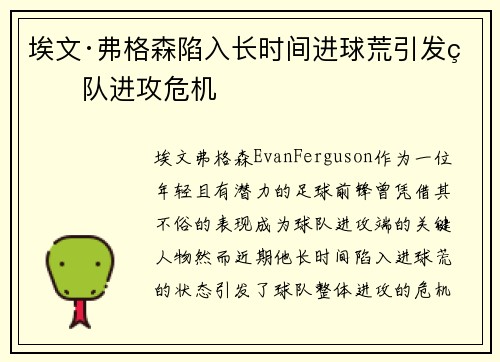 埃文·弗格森陷入长时间进球荒引发球队进攻危机 埃文·弗格森陷入长时间进球荒引发球队进攻危机
