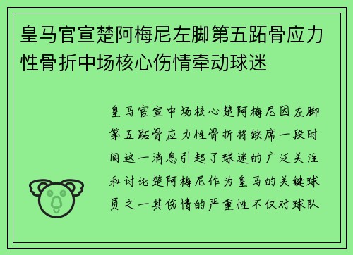 皇马官宣楚阿梅尼左脚第五跖骨应力性骨折中场核心伤情牵动球迷 皇马官宣楚阿梅尼左脚第五跖骨应力性骨折中场核心伤情牵动球迷